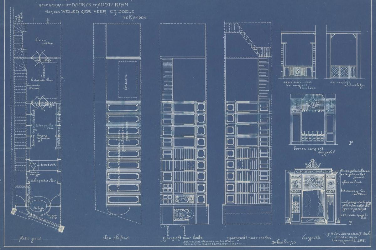 Historische Amsterdamse bouwtekening in blauwdruk